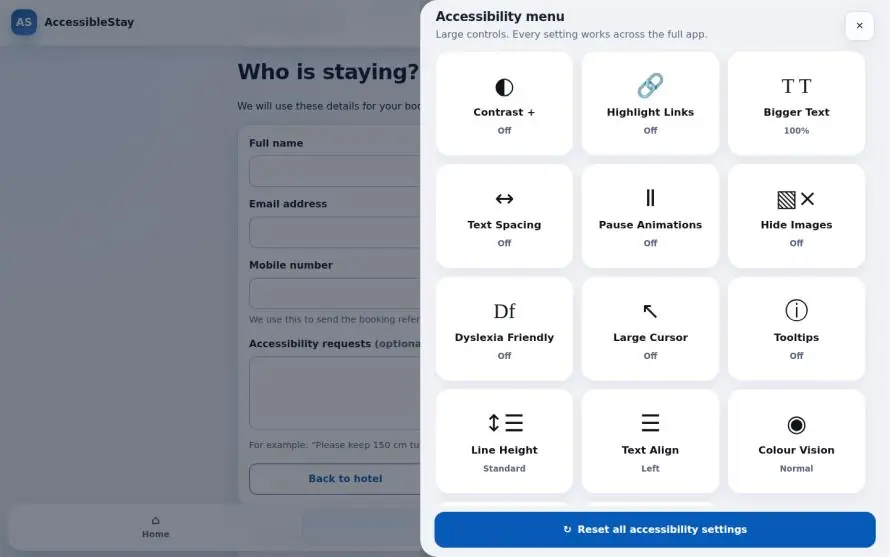 The persistent accessibility menu exposing contrast, colour vision, text size, spacing, line height, dyslexia font, easy-read mode and paused animation controls.