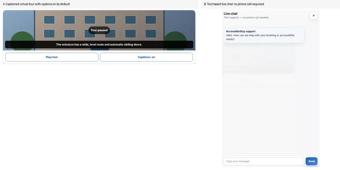 Captioned virtual hotel tour beside a live text chat panel offering support without a telephone call.