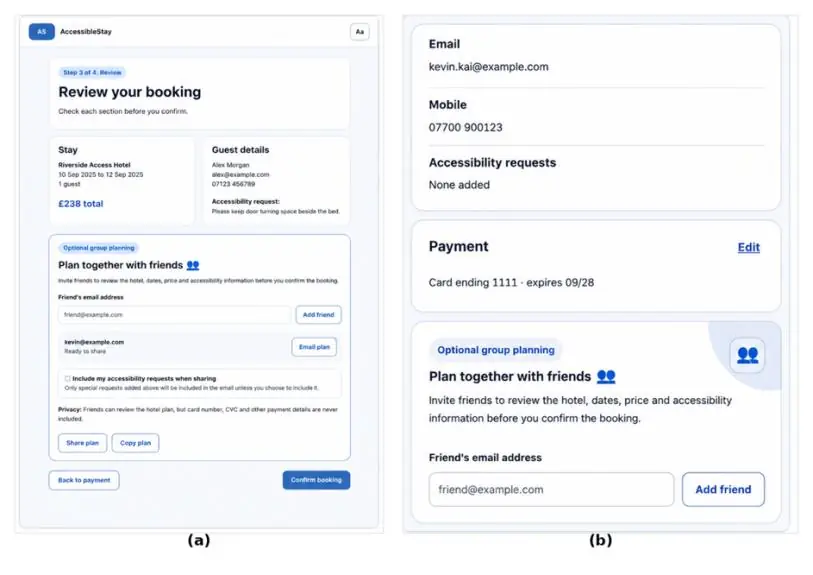 Plan Together panel allowing a friend or carer to view hotel, dates, price and accessibility details, with financial information excluded.