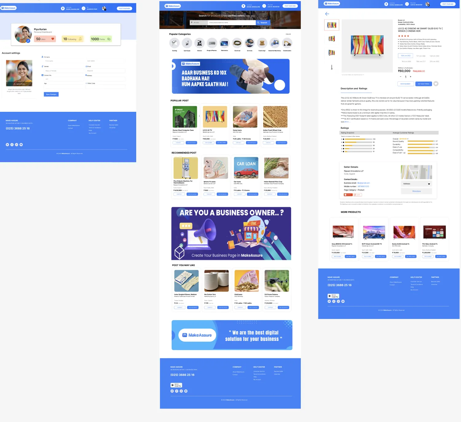 Three MakeAssure desktop pages shown together: a user account settings page, the marketplace home page with categories and product listings, and a product detail page for a television.