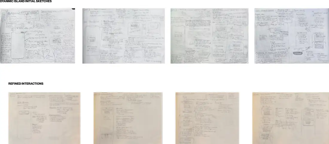 Eight pages of hand-drawn Dynamic Island sketches, annotated with level logic, timing and interaction notes, above a row of refined interaction sketches.