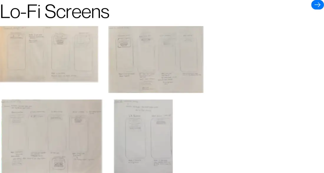 Four sheets of low-fidelity phone screen sketches showing escalation states and guerrilla testing scenarios.