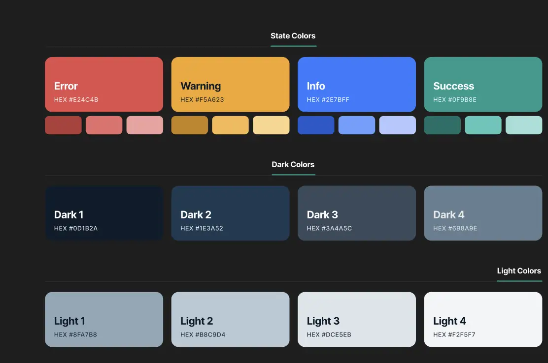 Colour system showing four state colours with tint ramps - error red, warning amber, info blue and success green - above four dark navy steps and four light grey-blue steps, each labelled with a hex value.