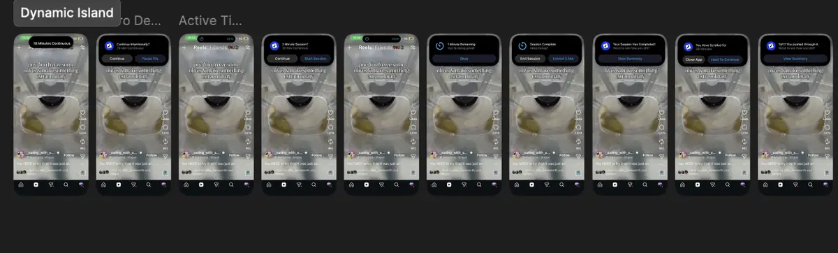 Nine iPhone screens in a row showing the full sequence of Dynamic Island states over a Reels feed, from eighteen minutes continuous through pause prompts, timers, session complete and hold-to-continue.