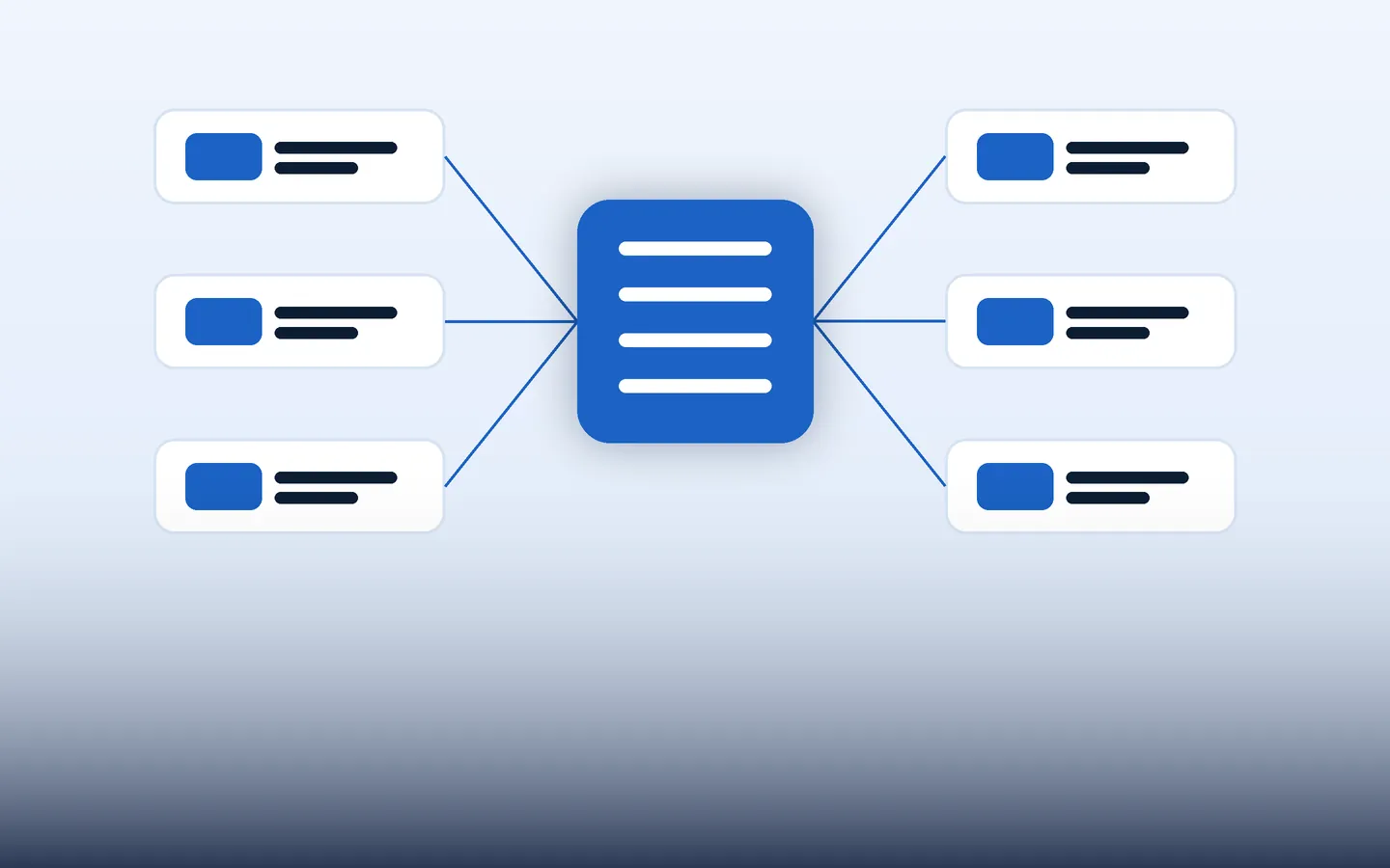 Two columns of cards linked into one shared component block at the centre.
