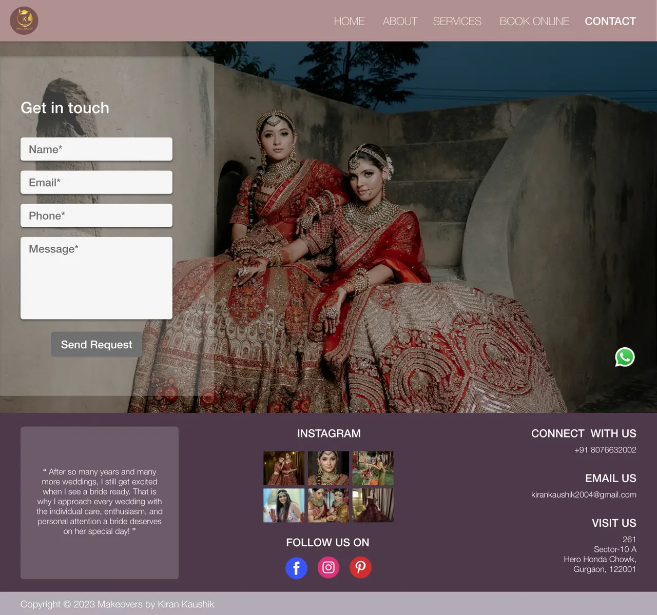 The Contact page: a Get in touch form with name, email, phone and message over a full-bleed photograph of two brides seated on steps, above the site footer.