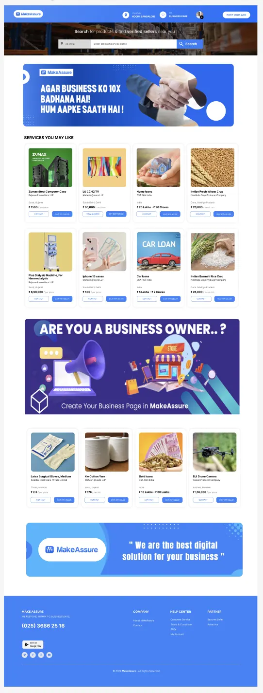 Full MakeAssure home page: header with location and search, a promotional banner, a Services you may like grid of product cards each with price and contact buttons, a business owner banner, more listings, and a blue footer.