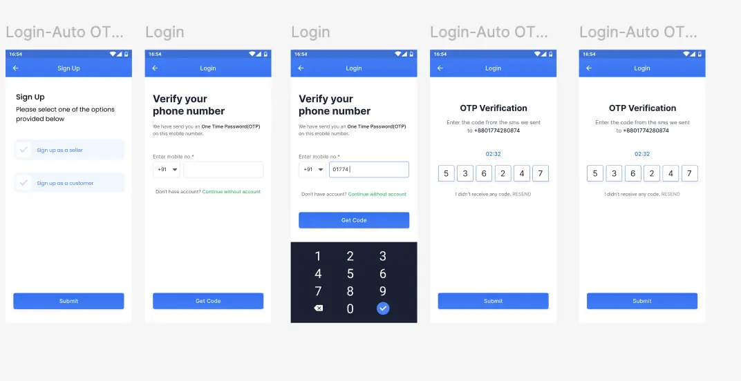 Five mobile screens in sequence: choosing to sign up as a seller or customer, verifying a phone number, entering the number with a keypad, an OTP verification screen with six digit boxes and a countdown, and the completed code.