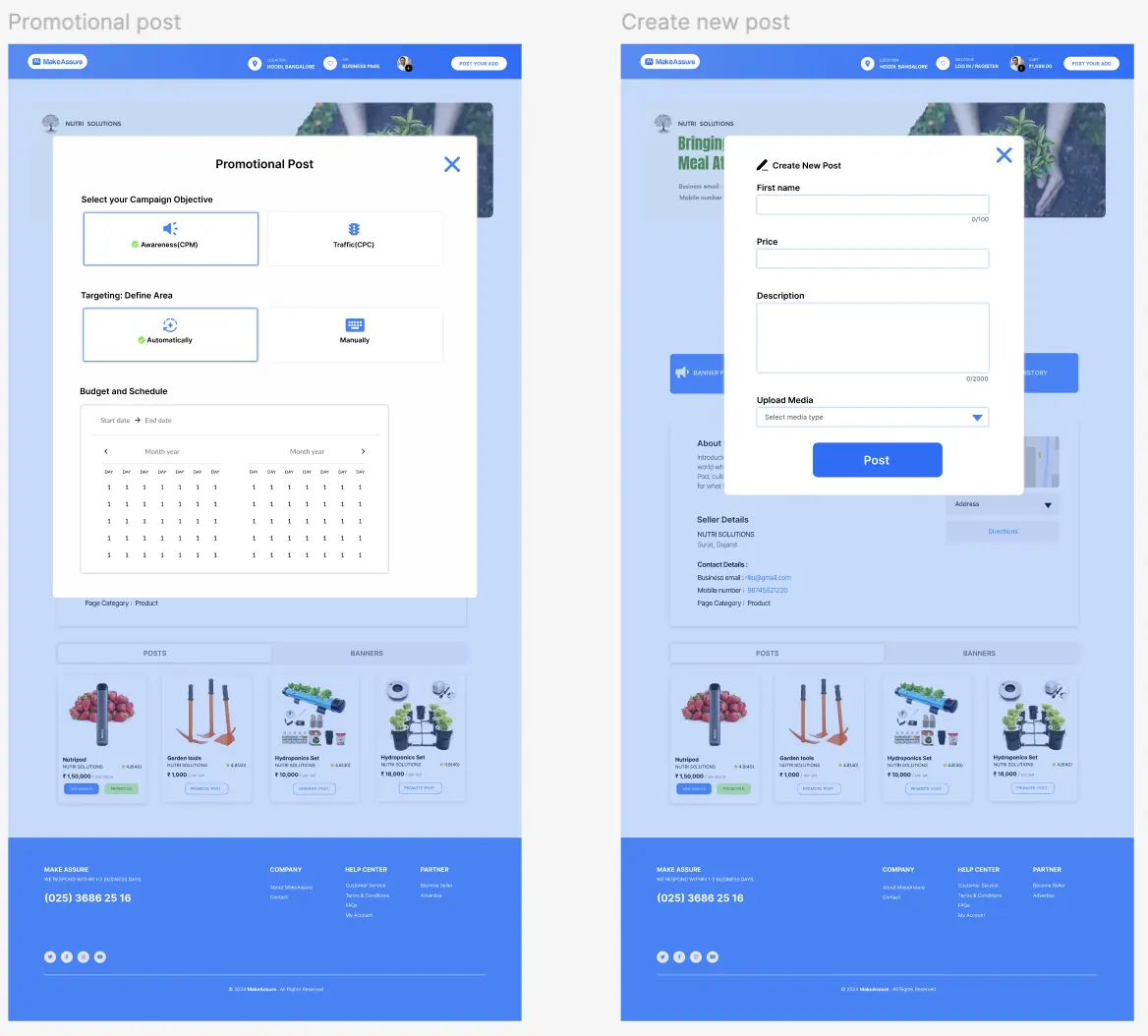 Two seller dashboard states side by side. On the left, a Promotional Post dialog with campaign objective options, targeting options and a two-month date range calendar. On the right, a Create New Post dialog with name, price, description and media upload fields.