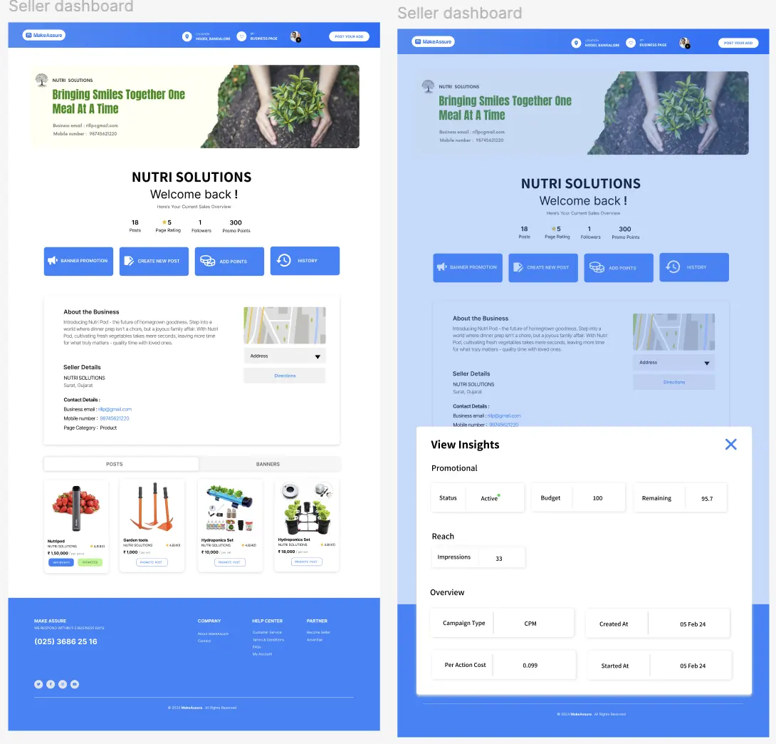 Seller dashboard for Nutri Solutions with a business banner, welcome heading, counts for posts, page rating, followers and promo points, four action buttons, an about section with map, and a posts grid. The right-hand version shows a View Insights dialog with promotional status, budget, remaining spend, impressions and campaign overview.