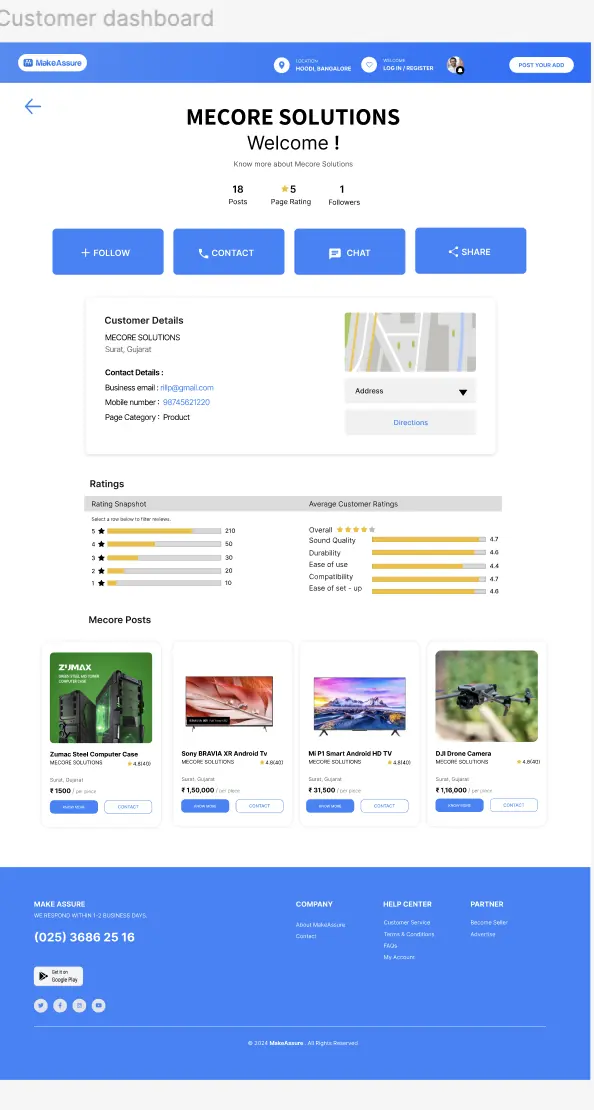 Customer dashboard for Mecore Solutions with follow, contact, chat and share buttons, customer details with a map, a ratings breakdown and a grid of posts.