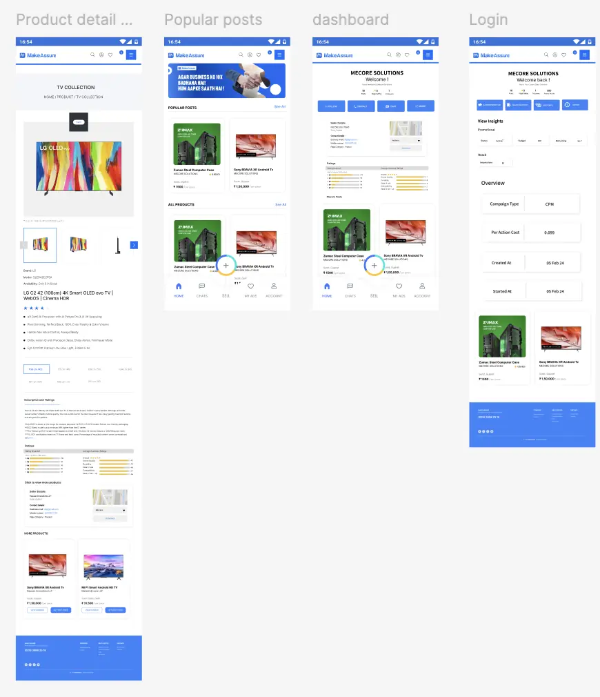 Four mobile screens: a product detail page with gallery and ratings, a popular posts feed with a floating add button, a dashboard, and an insights view.