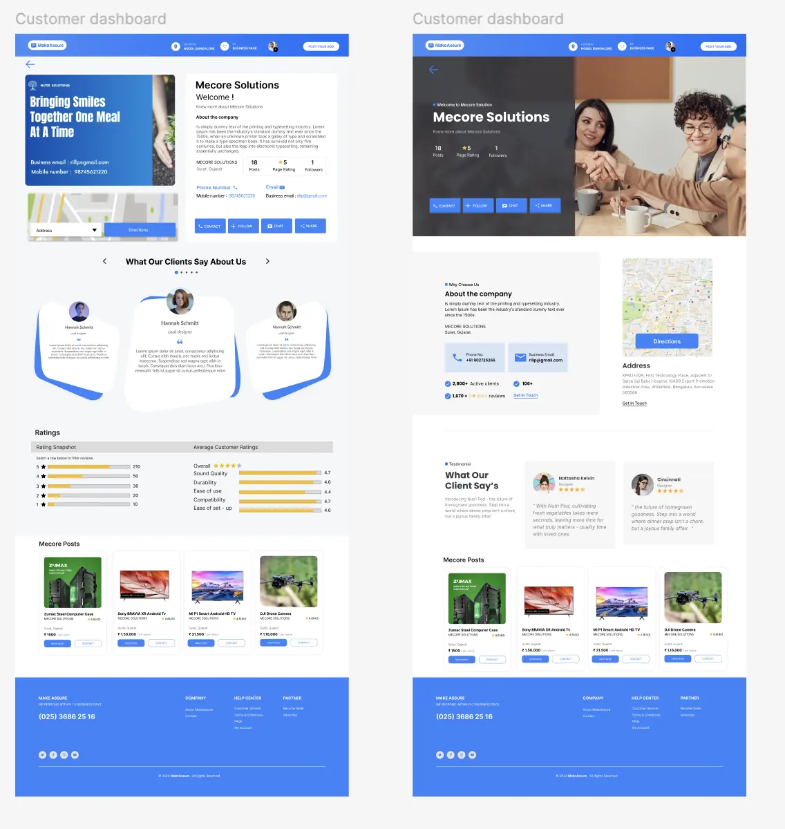 Two versions of the customer dashboard compared. The earlier version has a split banner card, a client testimonial carousel with overlapping cards and a ratings table. The later version has a full-width dark hero with a photograph, labelled phone and email cards, a written address and two static testimonial cards.