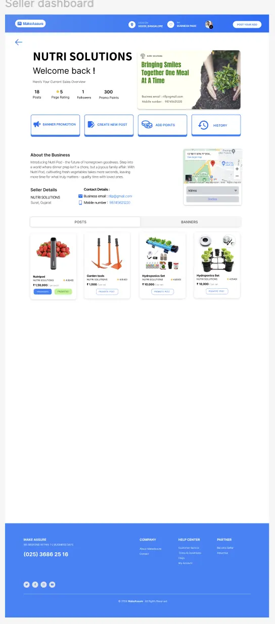 Early seller dashboard: a heading, welcome line, statistics row, four action buttons, an about-the-business section with a small map, and a posts grid on a white page.
