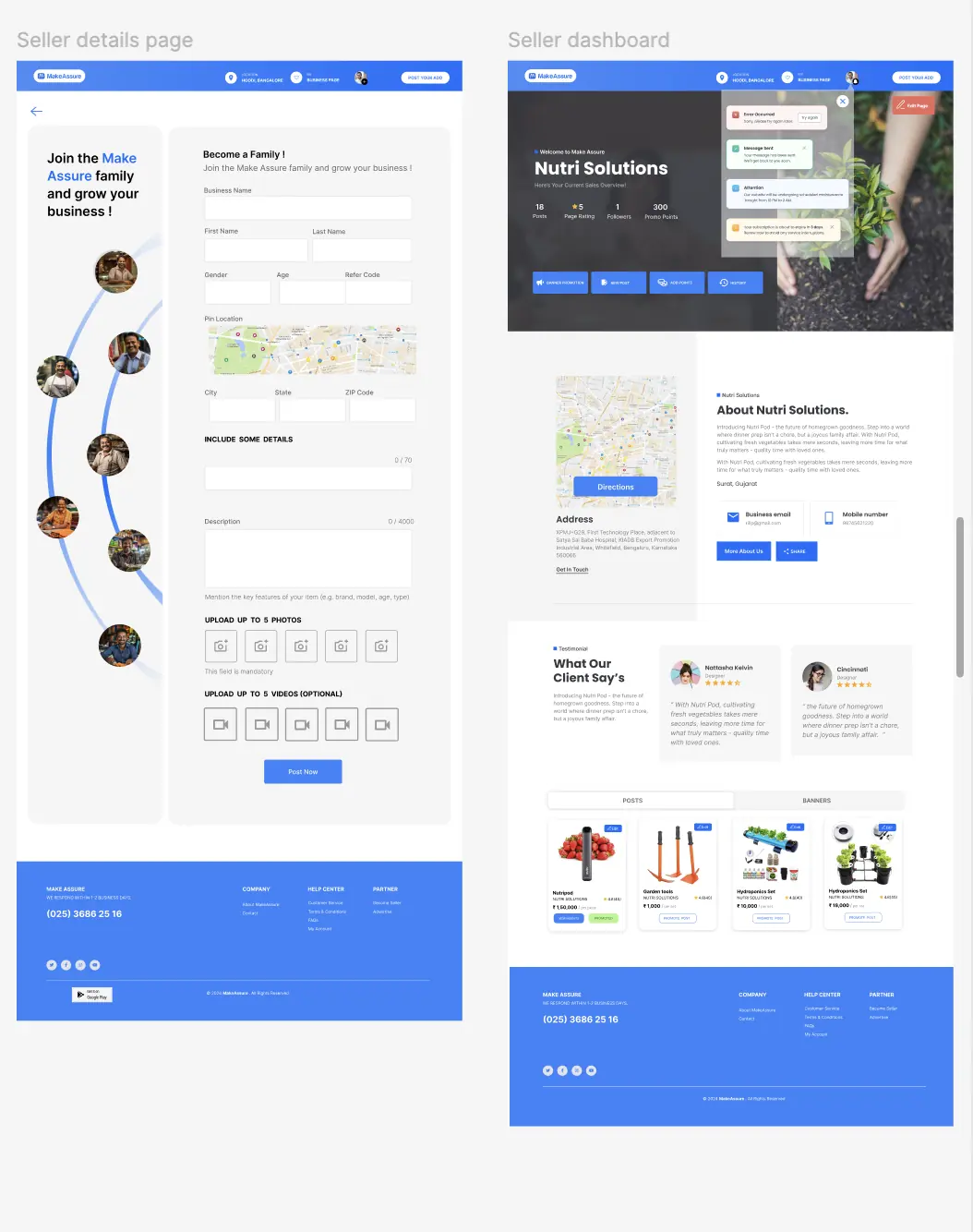 Seller registration page beside the redesigned seller dashboard, which has a dark photographic hero with the business name, stats and actions, a stacked notification group, an about section with map and address, testimonials, and a posts grid.